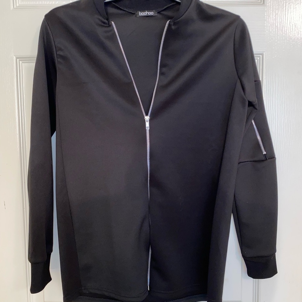 Lightweight black long bomber jacket